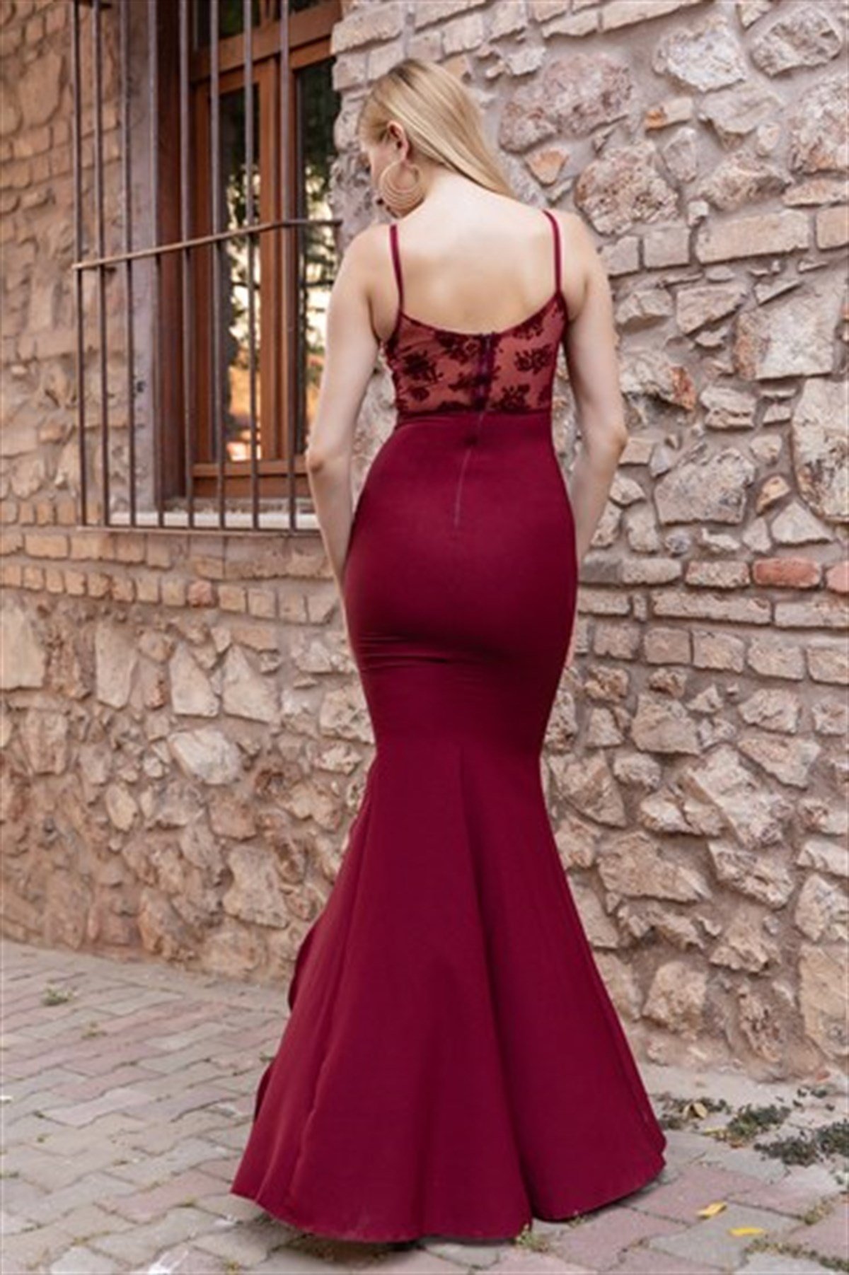 Tül Şerit Detay Balık Abiye- BORDO
