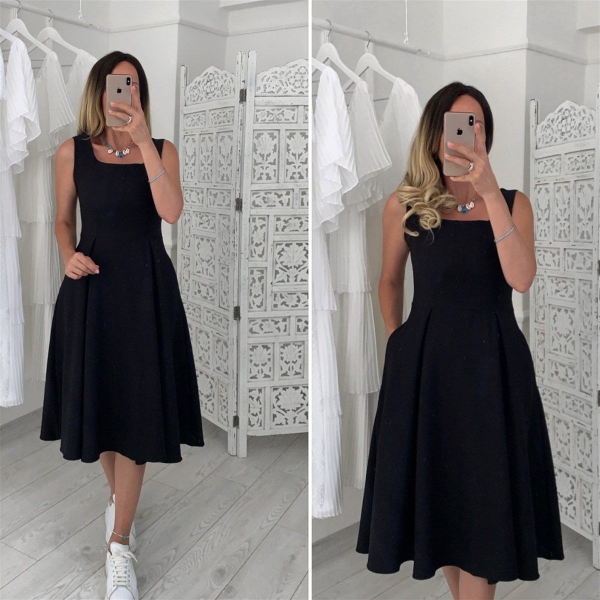 U Bisiklet Yaka Atlas Kumaş Elbise - SİYAH