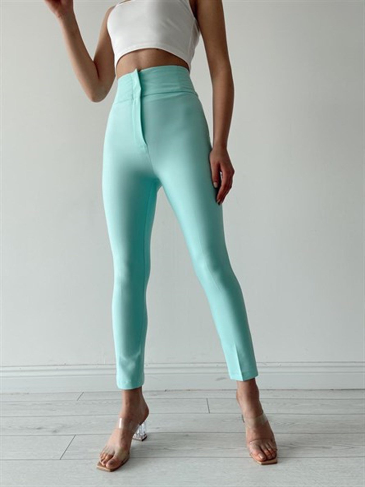 Ultra Yüksek Bel Boru Paça Pantolon - Su Yeşili