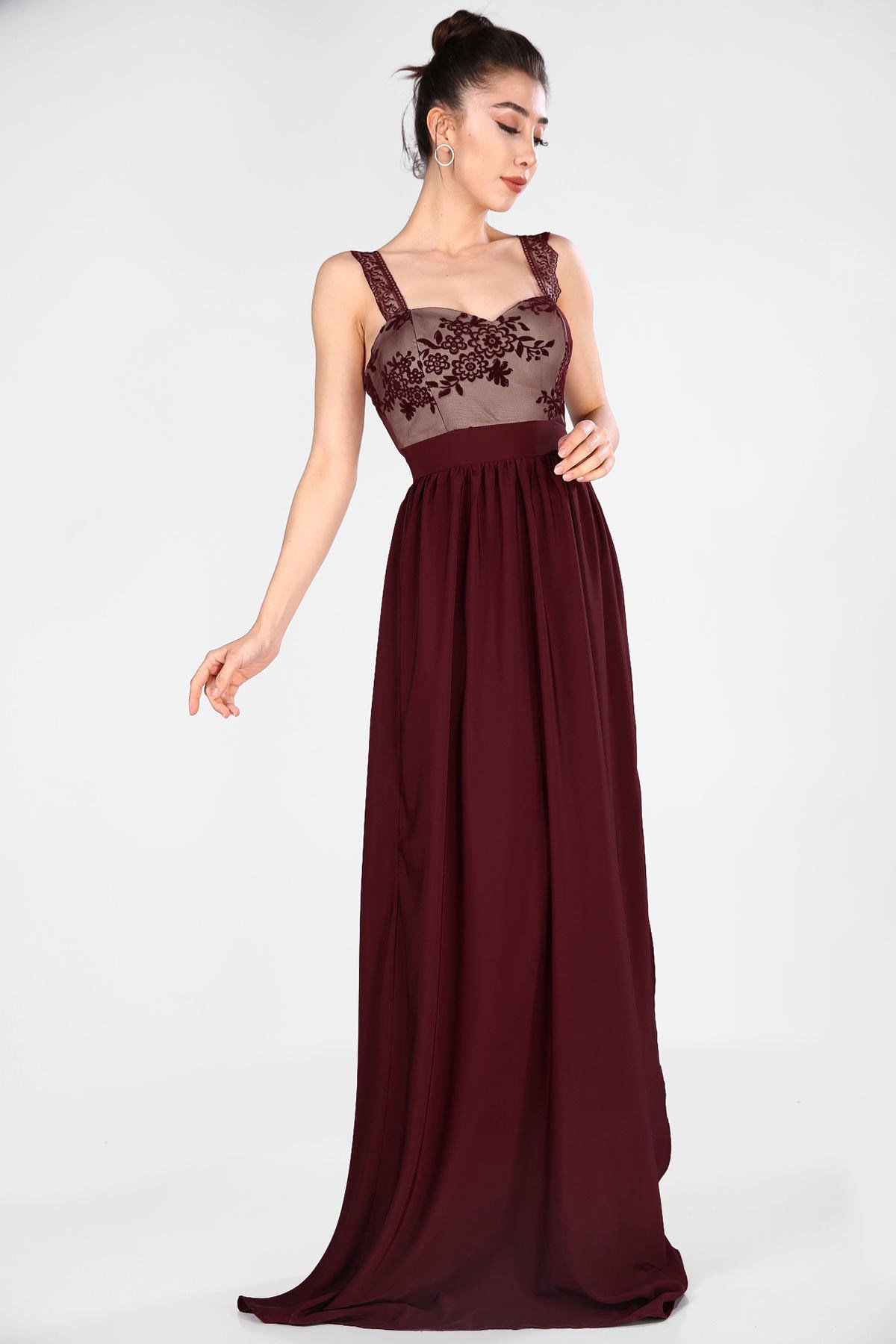 Üst Güpür Yırtmaç Detay Abiye - BORDO