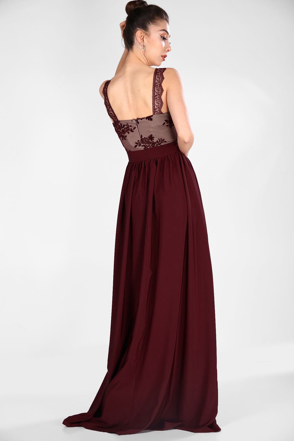 Üst Güpür Yırtmaç Detay Abiye - BORDO