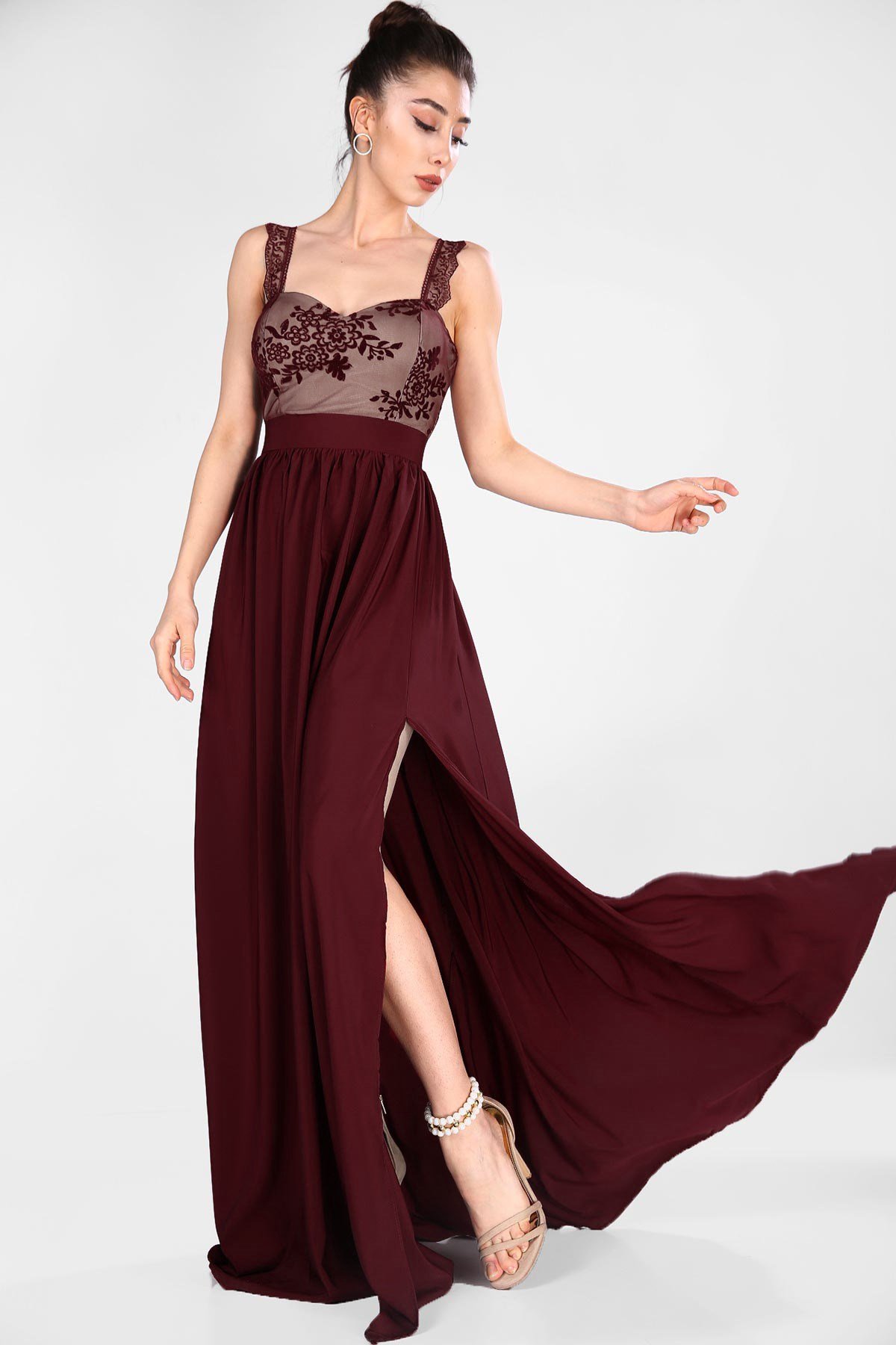 Üst Güpür Yırtmaç Detay Abiye - BORDO