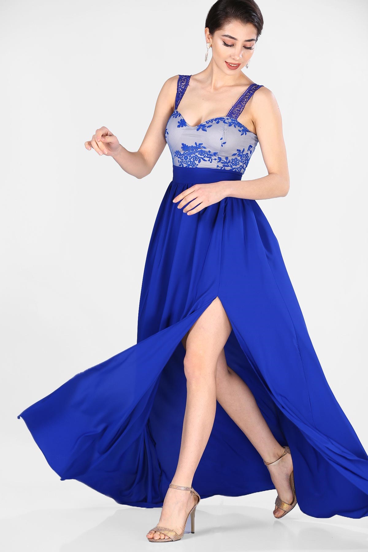 Üst Güpür Yırtmaç Detay Abiye - SAKS MAVİ