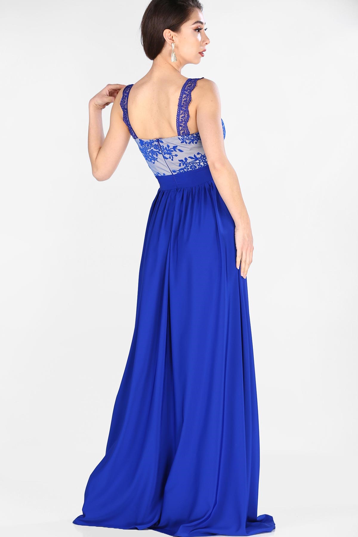 Üst Güpür Yırtmaç Detay Abiye - SAKS MAVİ