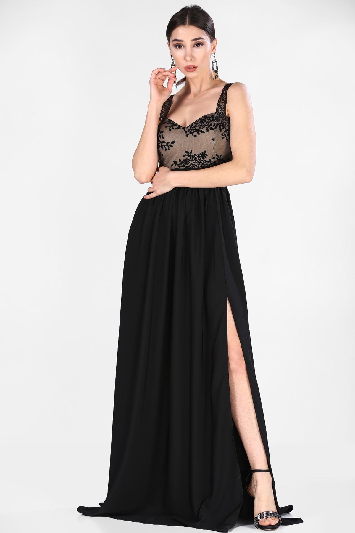 Üst Güpür Yırtmaç Detay Abiye - SİYAH