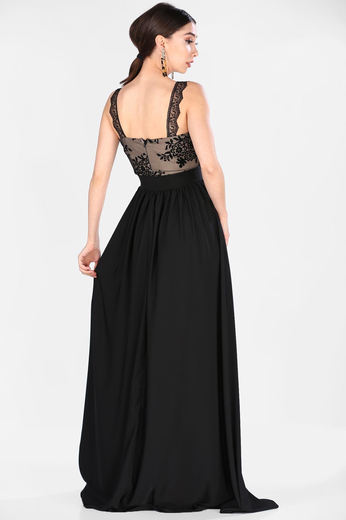 Üst Güpür Yırtmaç Detay Abiye - SİYAH