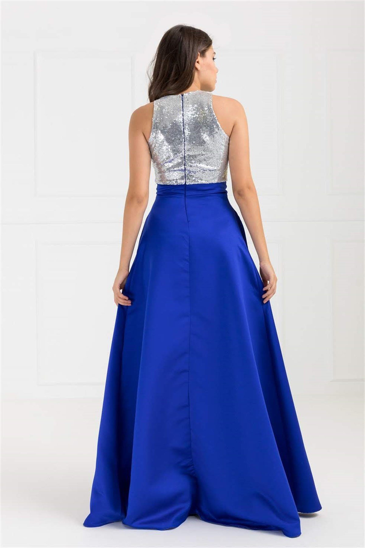 Üst Pul Payet İşleme Alt Saten Abiye Elbise - SAKS MAVİ