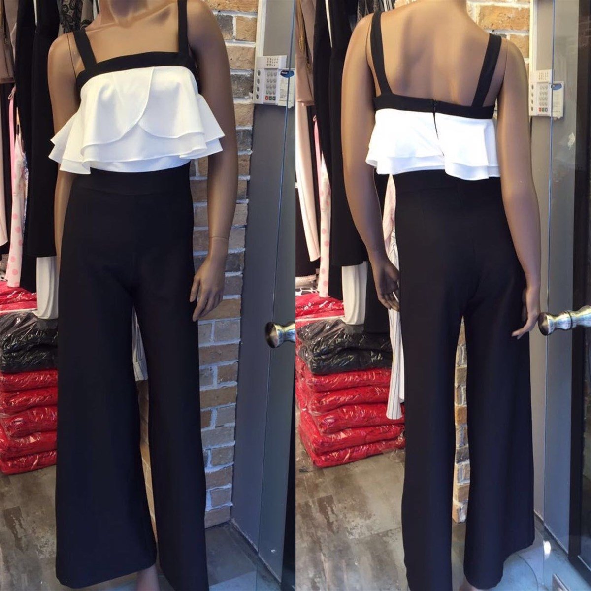 Üstü Fırfırlı Siyah Beyaz Tulum 