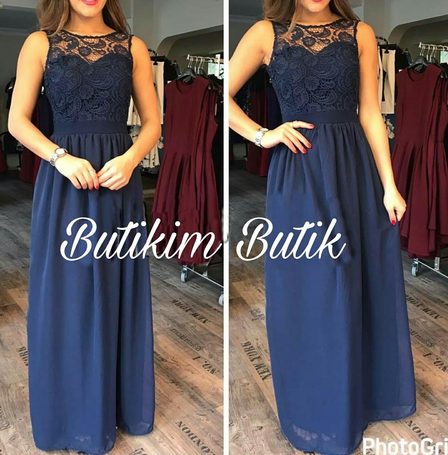 Üstü Komple Dantel İşleme Sıfır Kol Şifon Kumaş Astarlı Uzun Elbise - LACİVERT