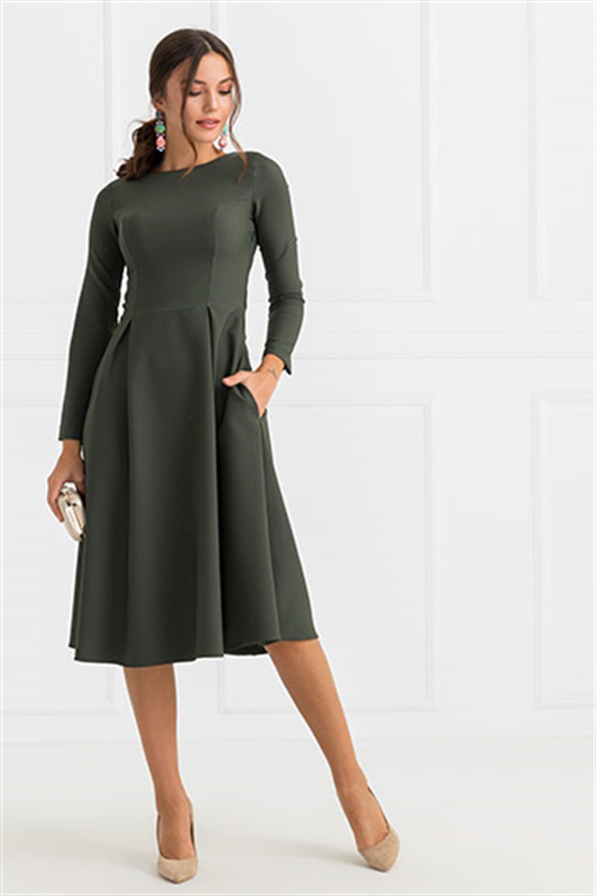 UZUN KOL CEPLİ MİDİBOY ELBİSE-HAKİ