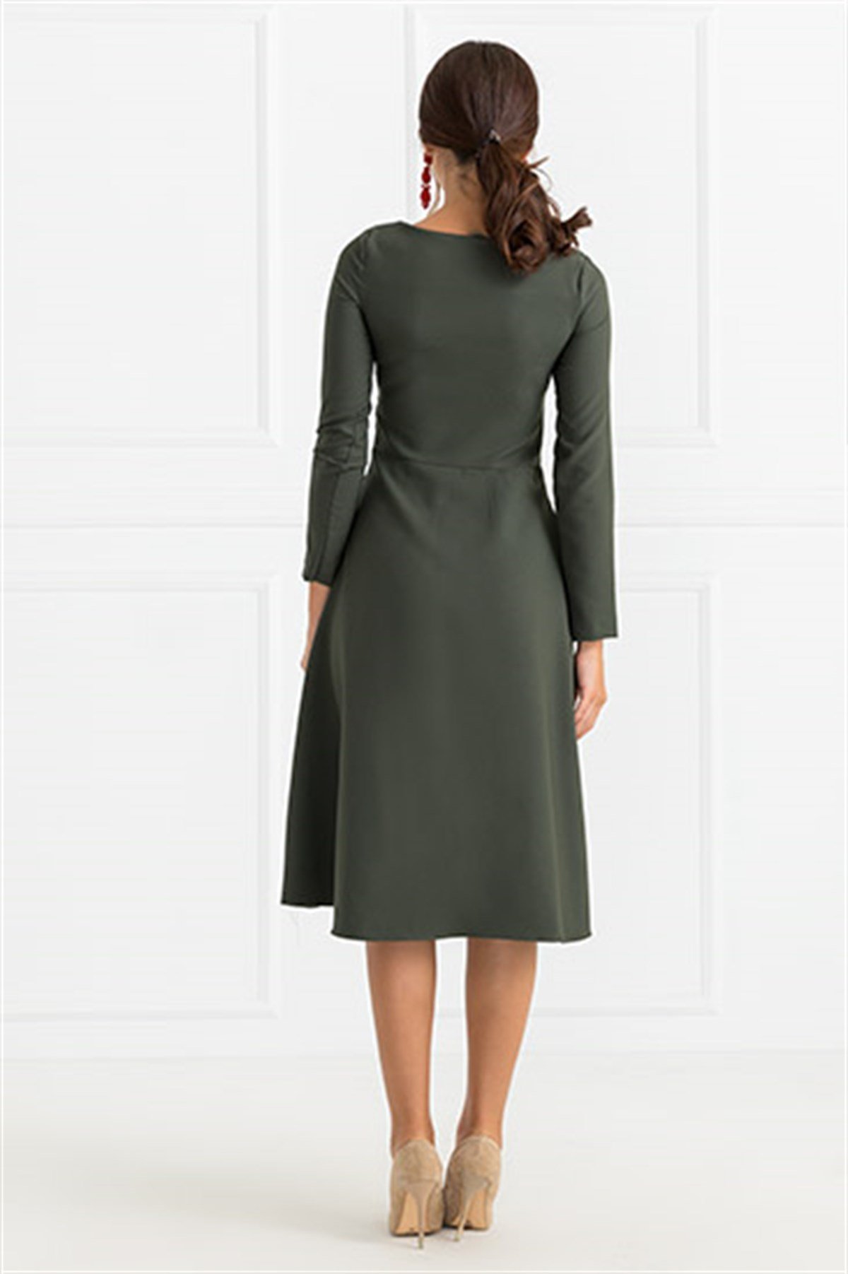 UZUN KOL CEPLİ MİDİBOY ELBİSE-HAKİ