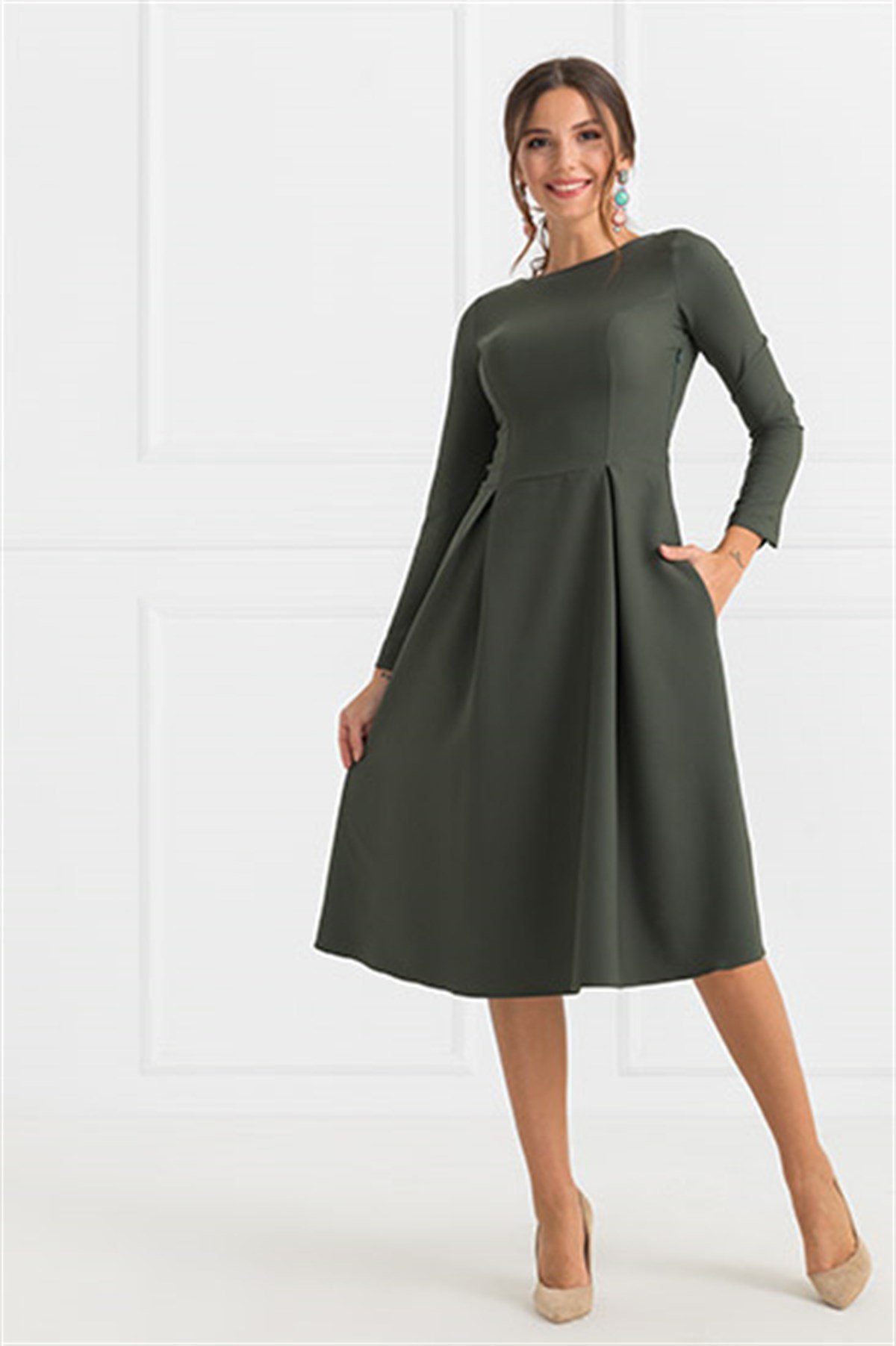 UZUN KOL CEPLİ MİDİBOY ELBİSE-HAKİ