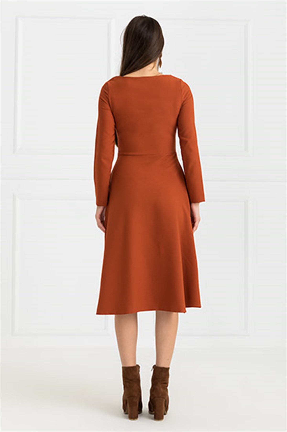 UZUN KOL CEPLİ MİDİBOY ELBİSE-KİREMİT