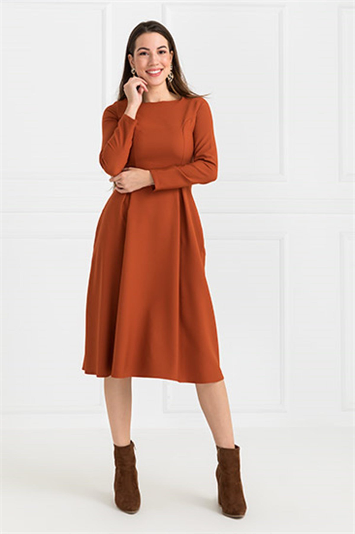 UZUN KOL CEPLİ MİDİBOY ELBİSE-KİREMİT