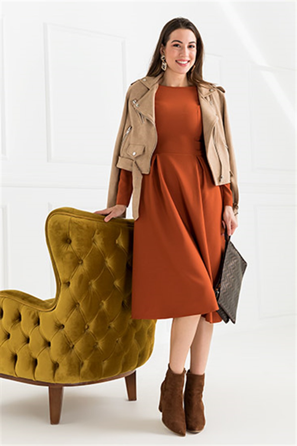 UZUN KOL CEPLİ MİDİBOY ELBİSE-KİREMİT