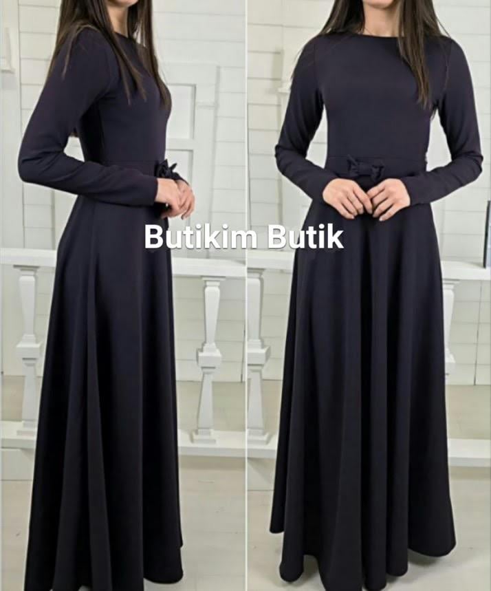 Uzun Kollu Bisiklet Yaka Beli Kurdele Detaylı Maxi Boy Tesettüre Uygun Elbise - SİYAH