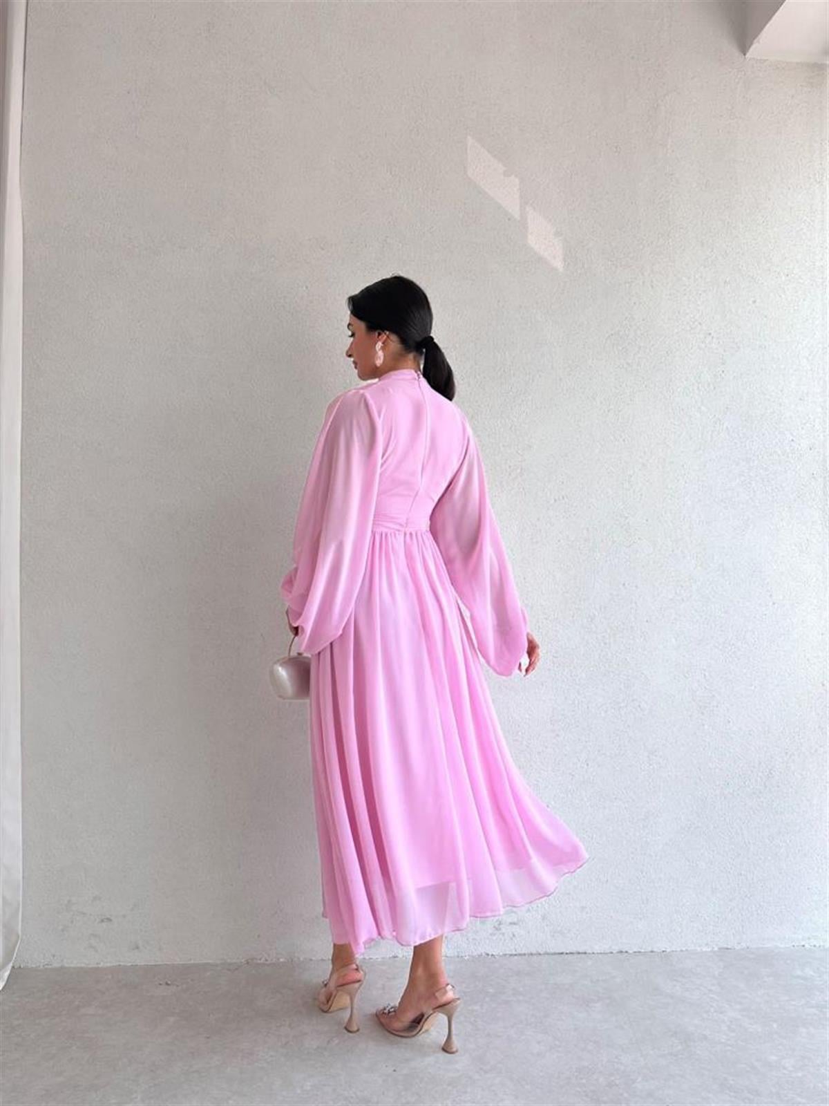 Uzun Kollu Şifon Kumaş Midi Boy Elbise - PEMBE 