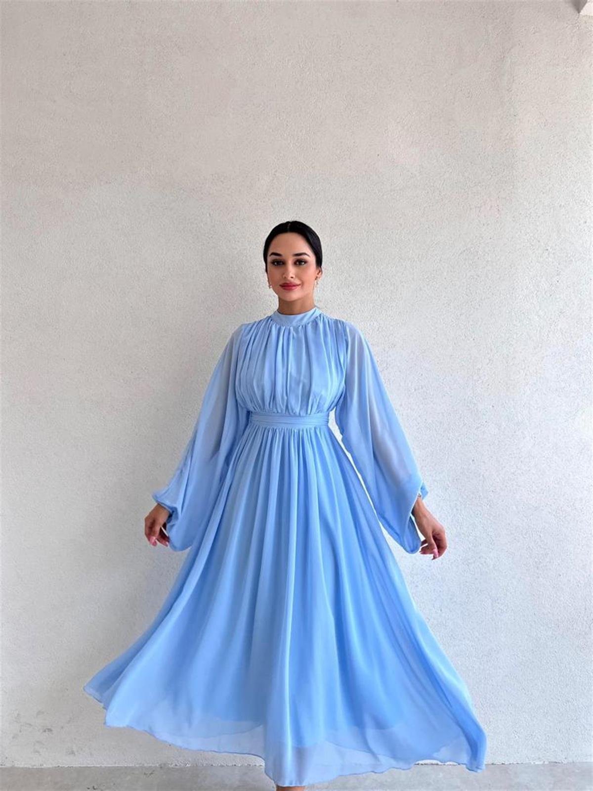 Uzun Kollu Şifon Kumaş Midi Boy Elbise - BEBE MAVİ