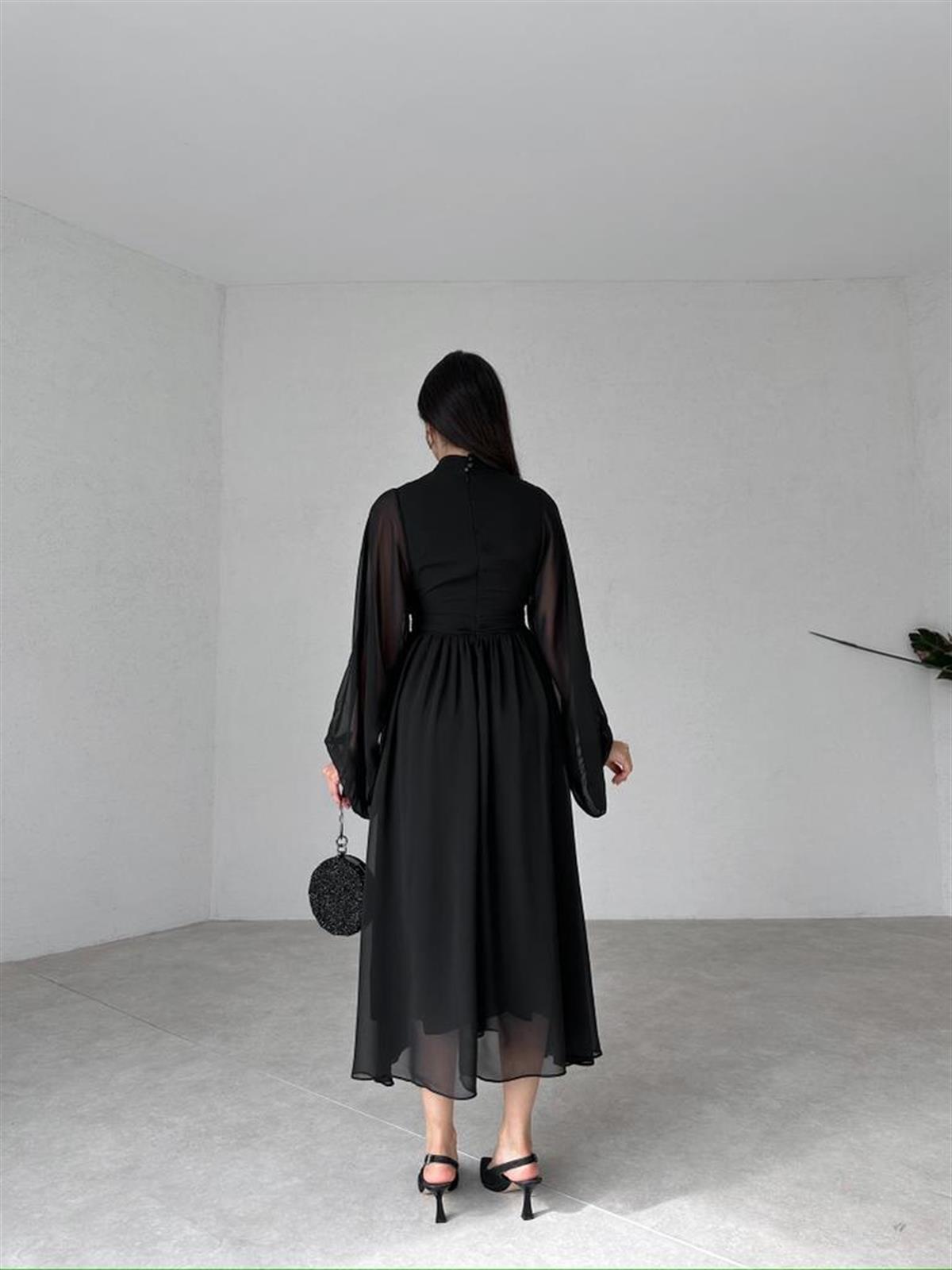 Uzun Kollu Şifon Kumaş Midi Boy Elbise - SİYAH