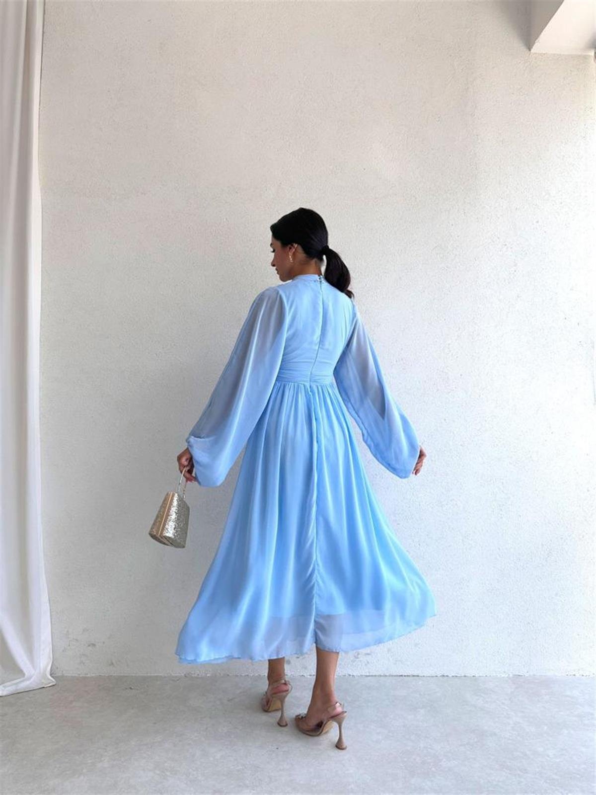 Uzun Kollu Şifon Kumaş Midi Boy Elbise - BEBE MAVİ