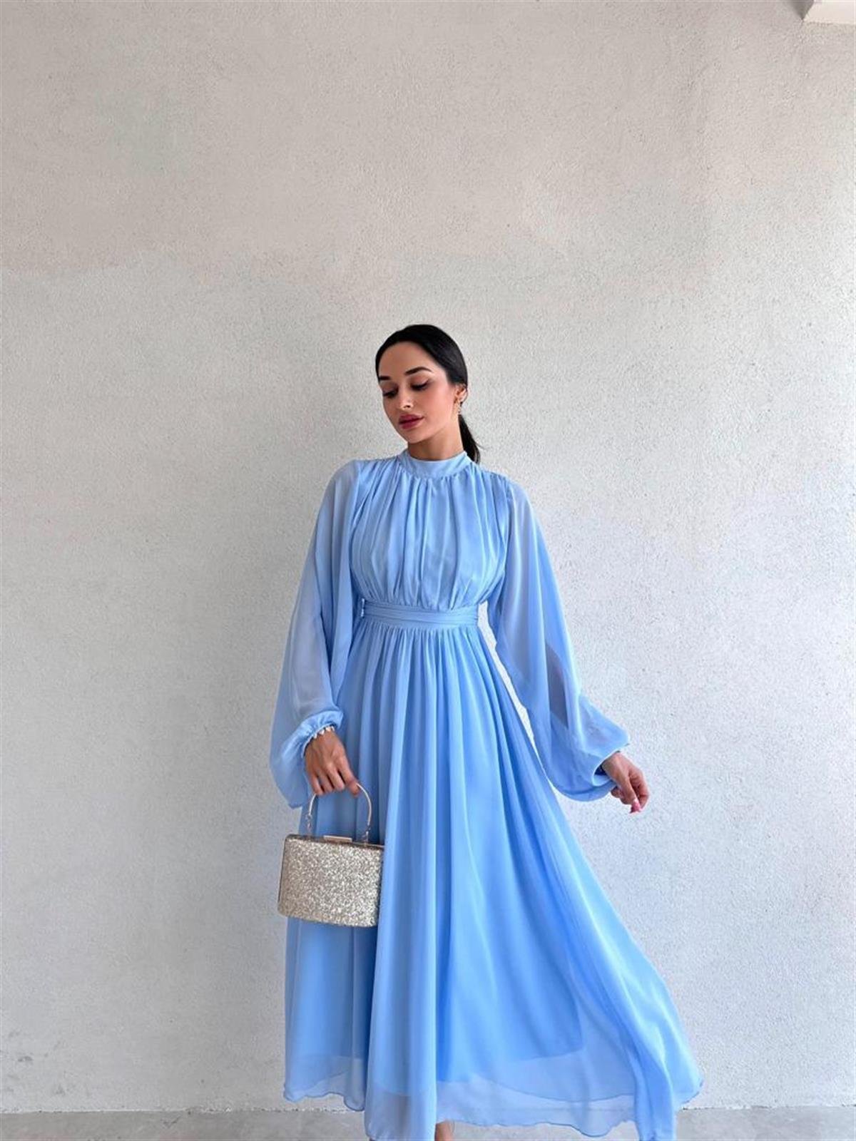 Uzun Kollu Şifon Kumaş Midi Boy Elbise - BEBE MAVİ