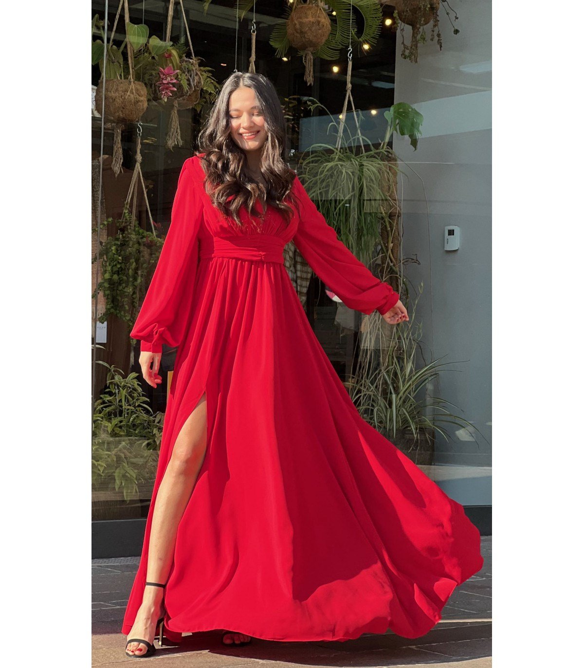 V Yaka Bel Drapeli Maksi Abiye - KIRMIZI