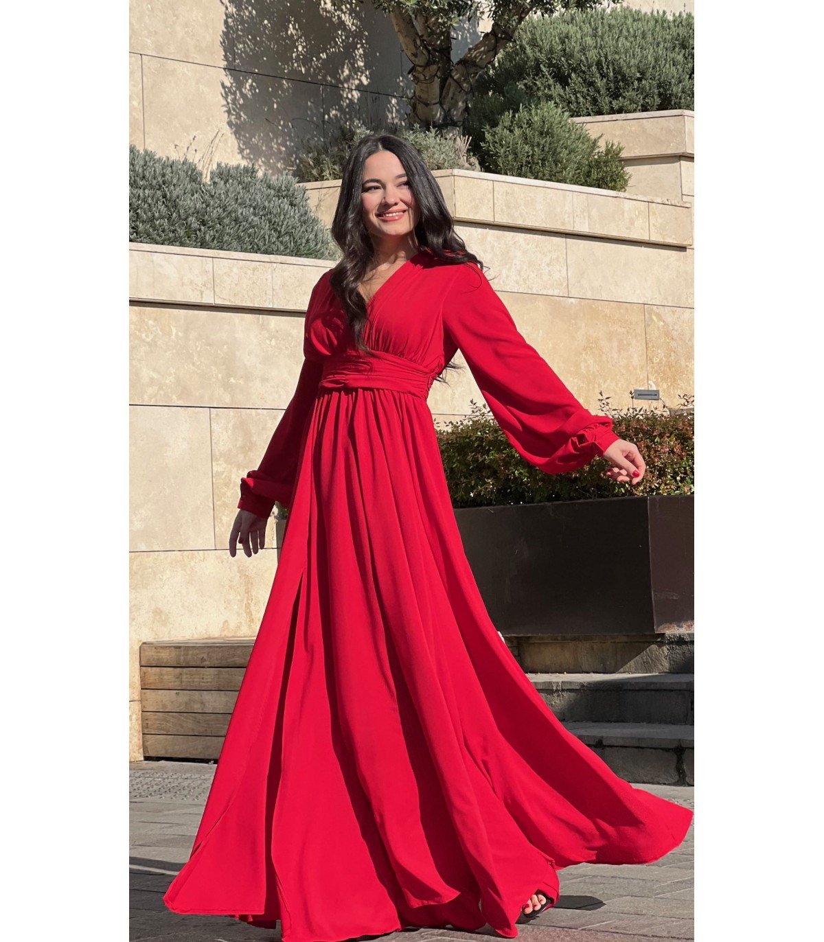 V Yaka Bel Drapeli Maksi Abiye - KIRMIZI