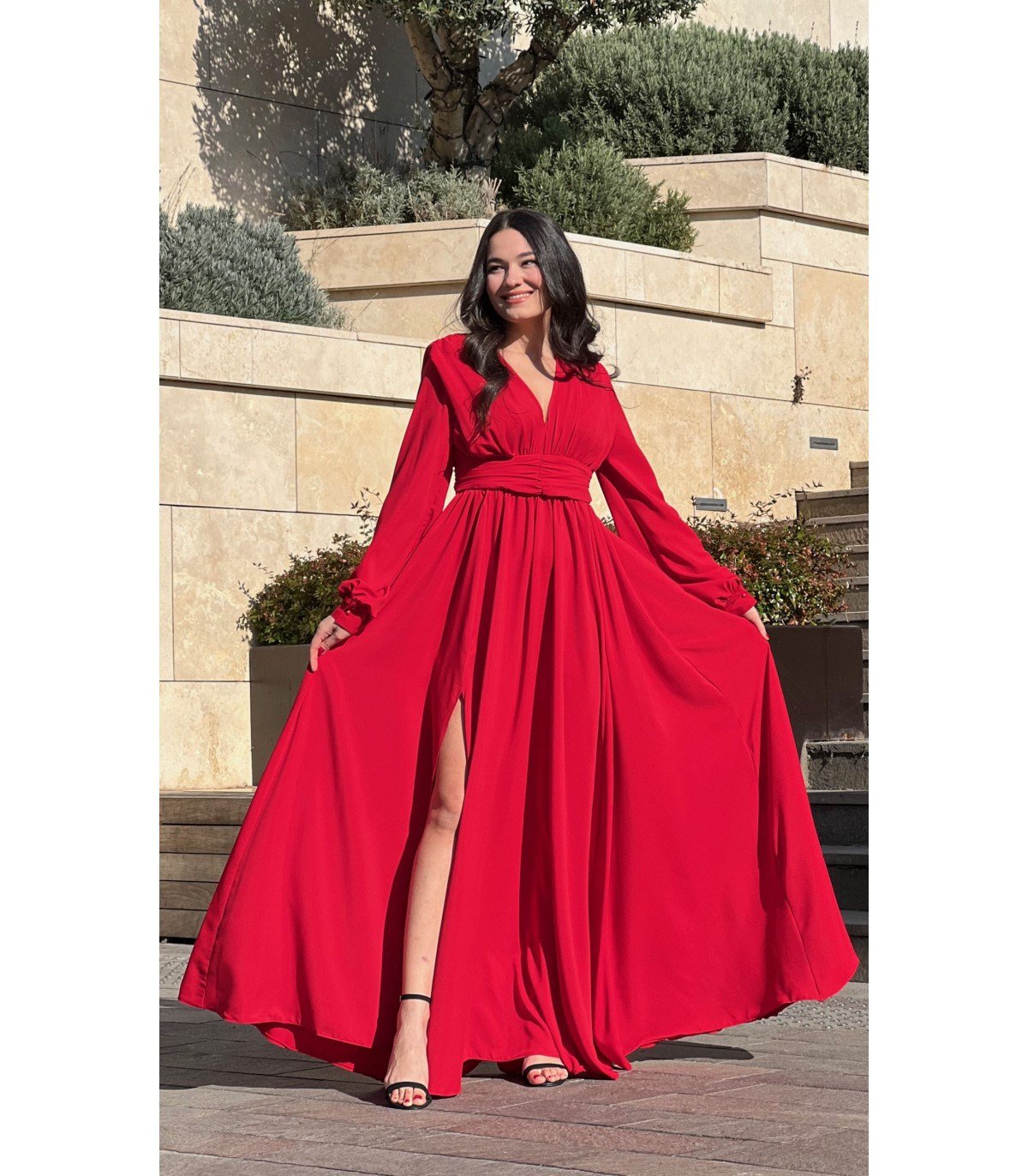 V Yaka Bel Drapeli Maksi Abiye - KIRMIZI