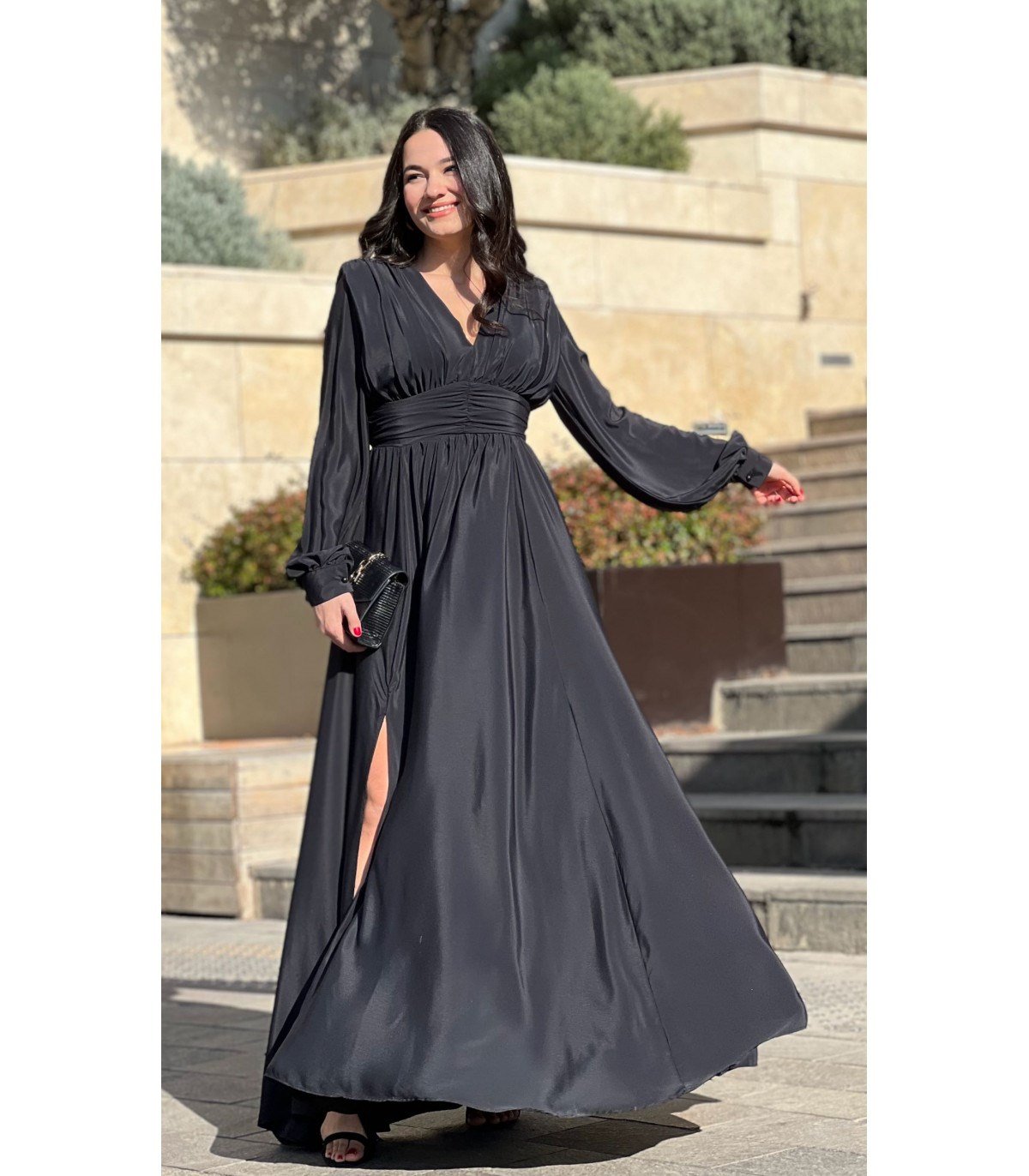 V Yaka Bel Drapeli Maksi Abiye - SİYAH