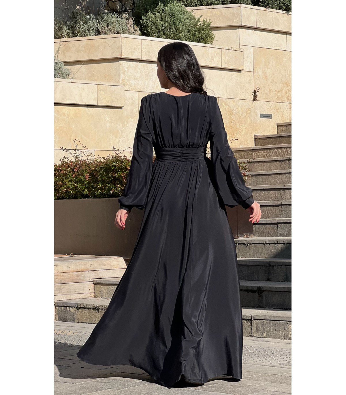 V Yaka Bel Drapeli Maksi Abiye - SİYAH