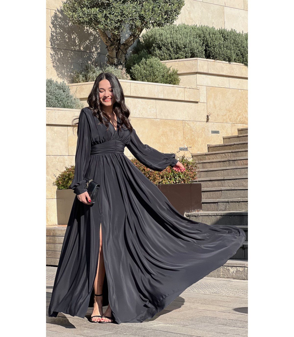 V Yaka Bel Drapeli Maksi Abiye - SİYAH