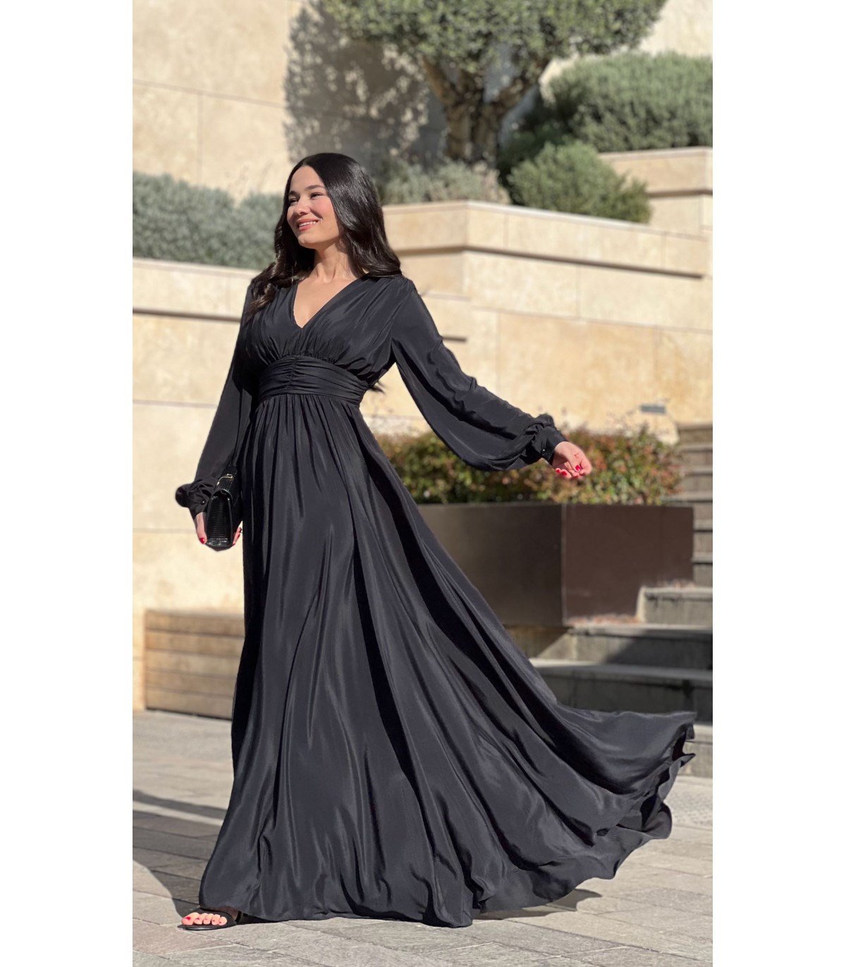 V Yaka Bel Drapeli Maksi Abiye - SİYAH