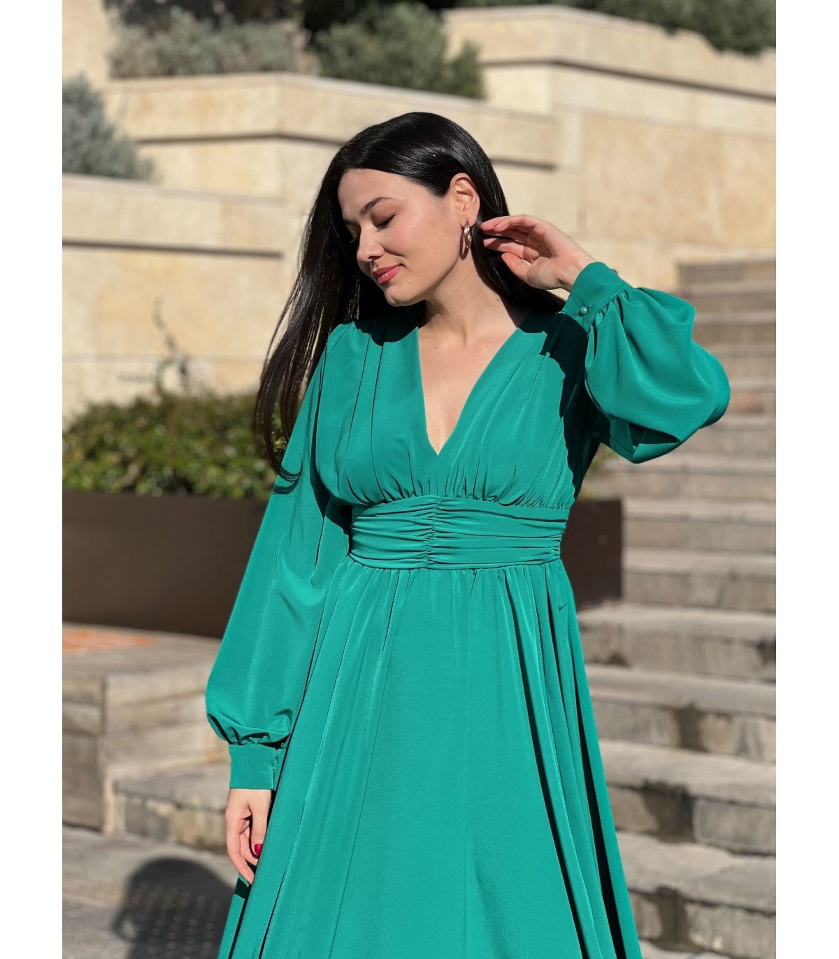 V Yaka Bel Drapeli Maksi Abiye - ZÜMRÜT YEŞİLİ