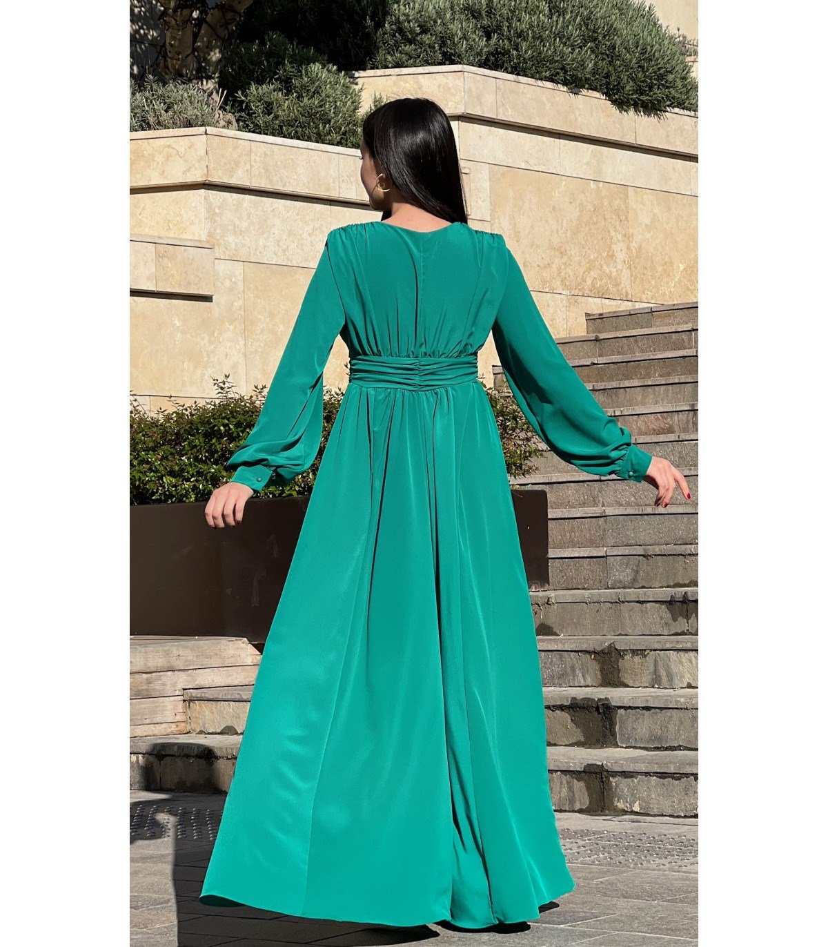 V Yaka Bel Drapeli Maksi Abiye - ZÜMRÜT YEŞİLİ