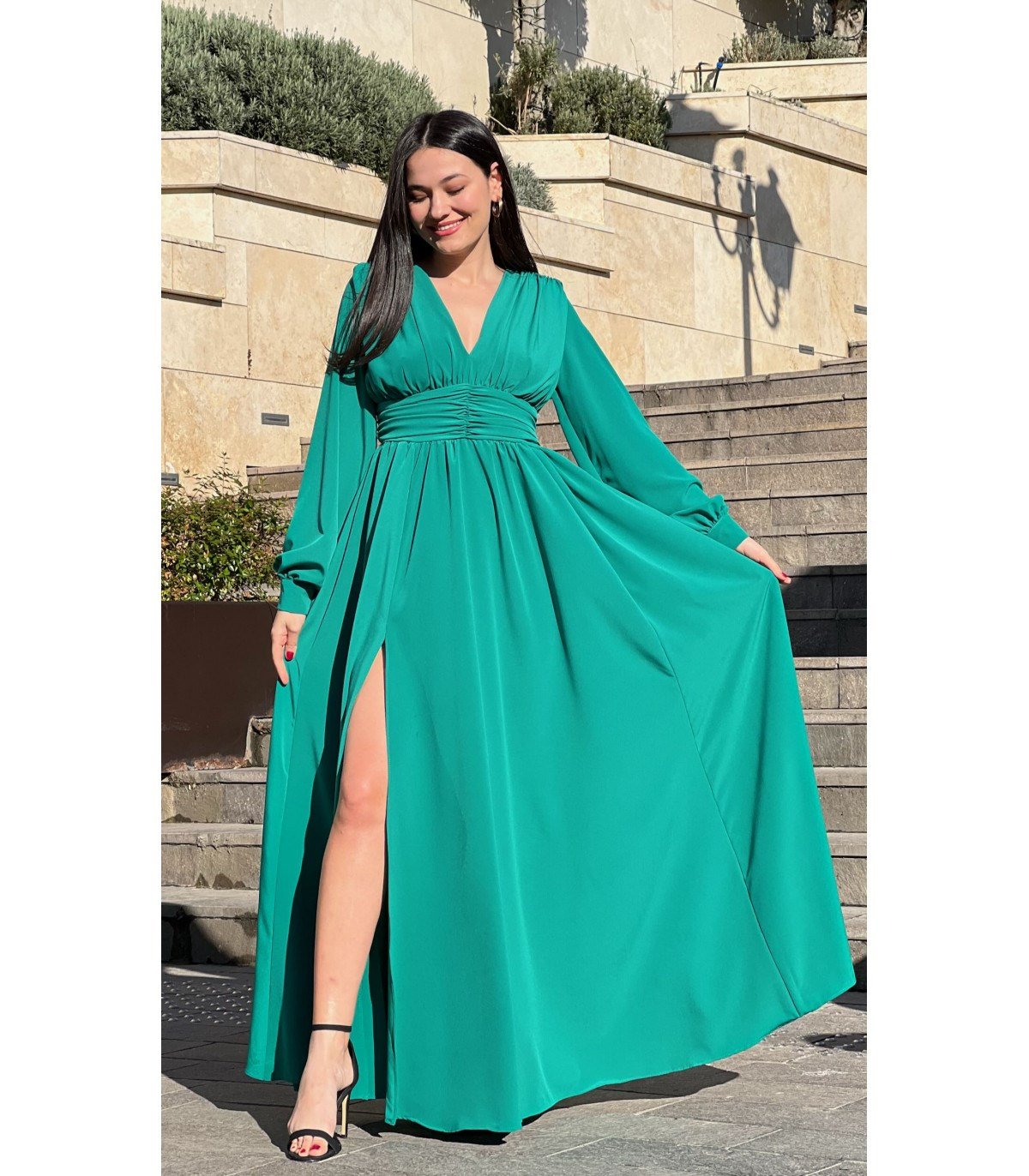 V Yaka Bel Drapeli Maksi Abiye - ZÜMRÜT YEŞİLİ