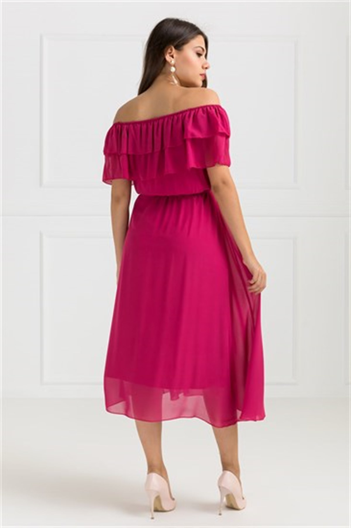 YAKA FIRFIR KUŞAKLI ŞİFON ELBİSE-FUŞYA