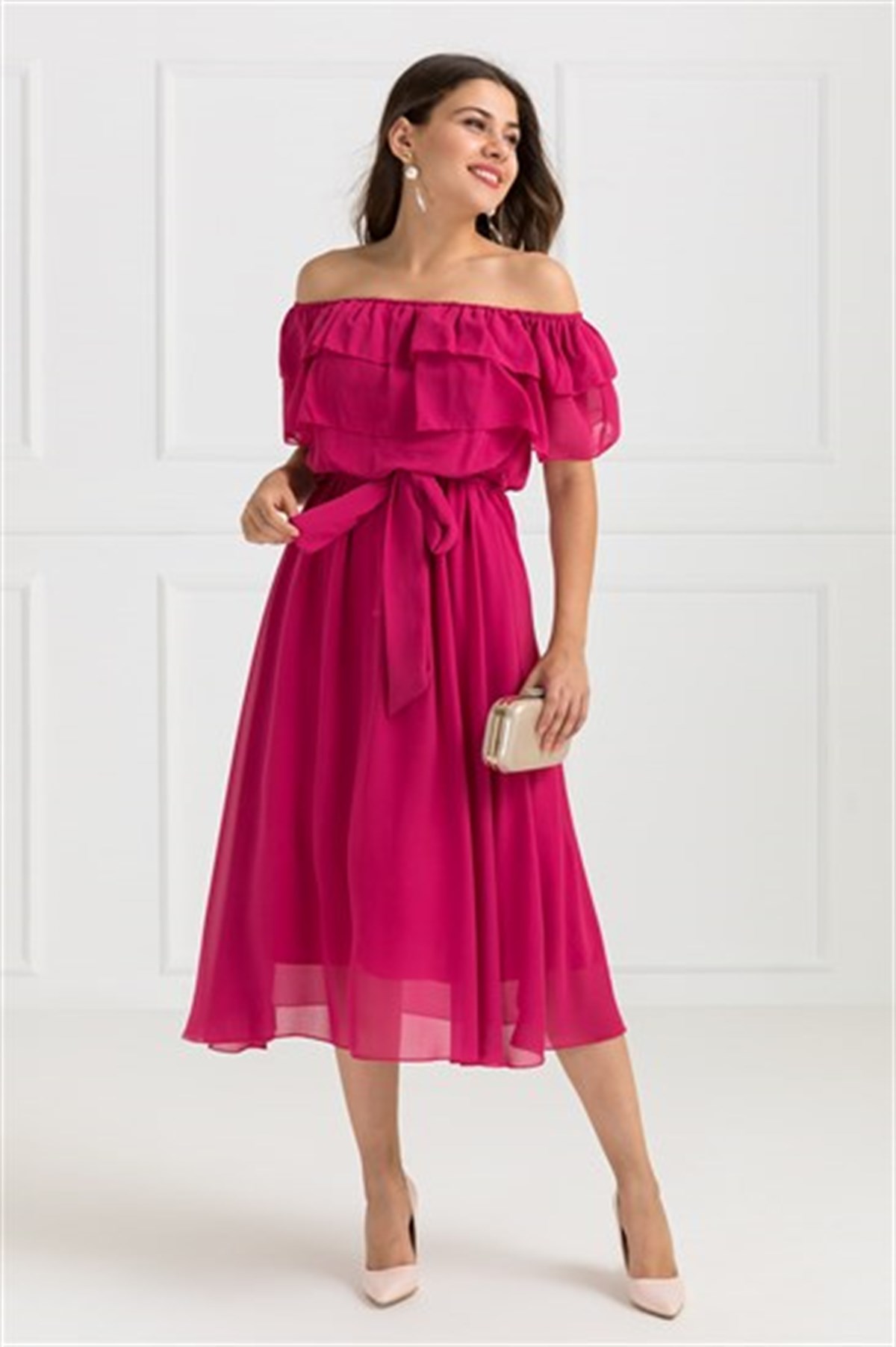 YAKA FIRFIR KUŞAKLI ŞİFON ELBİSE-FUŞYA