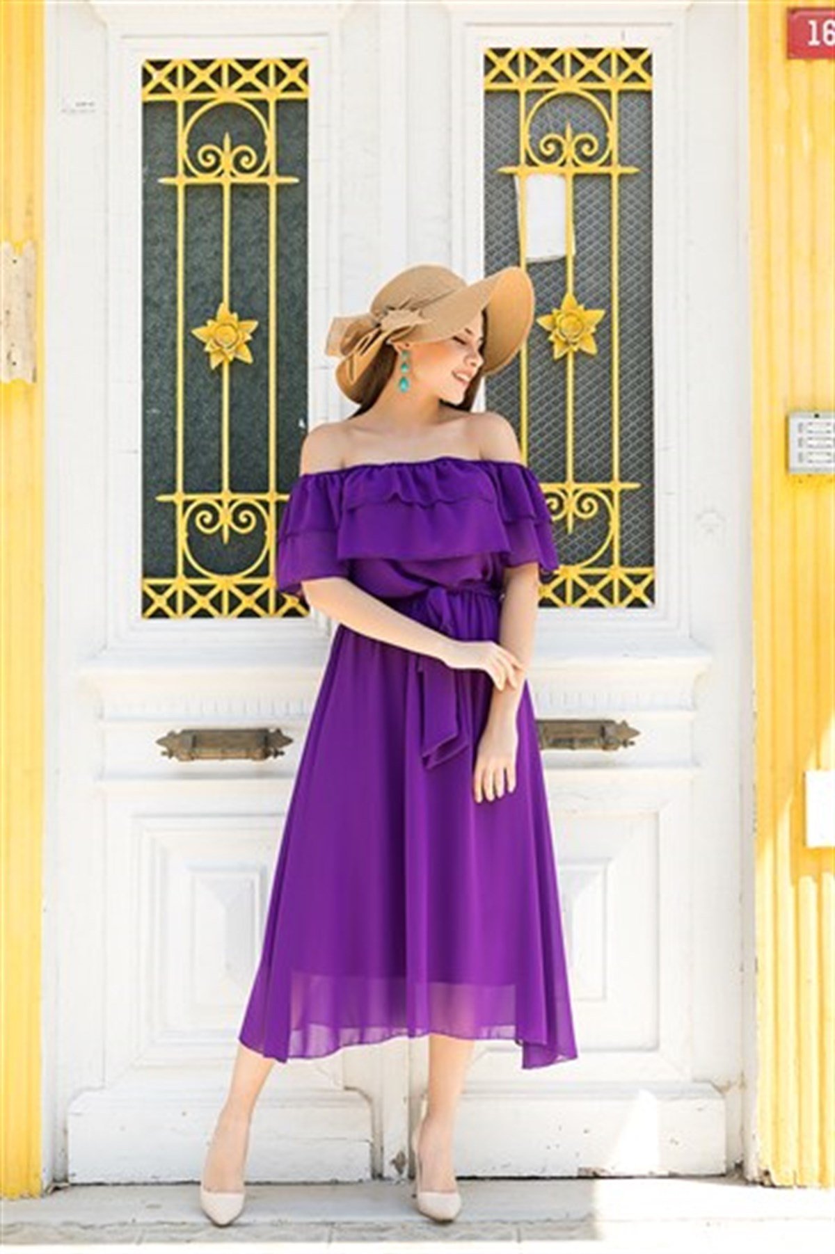 YAKA FIRFIR KUŞAKLI ŞİFON ELBİSE-MOR