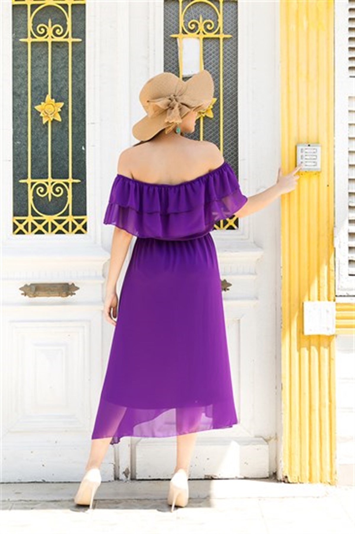 YAKA FIRFIR KUŞAKLI ŞİFON ELBİSE-MOR