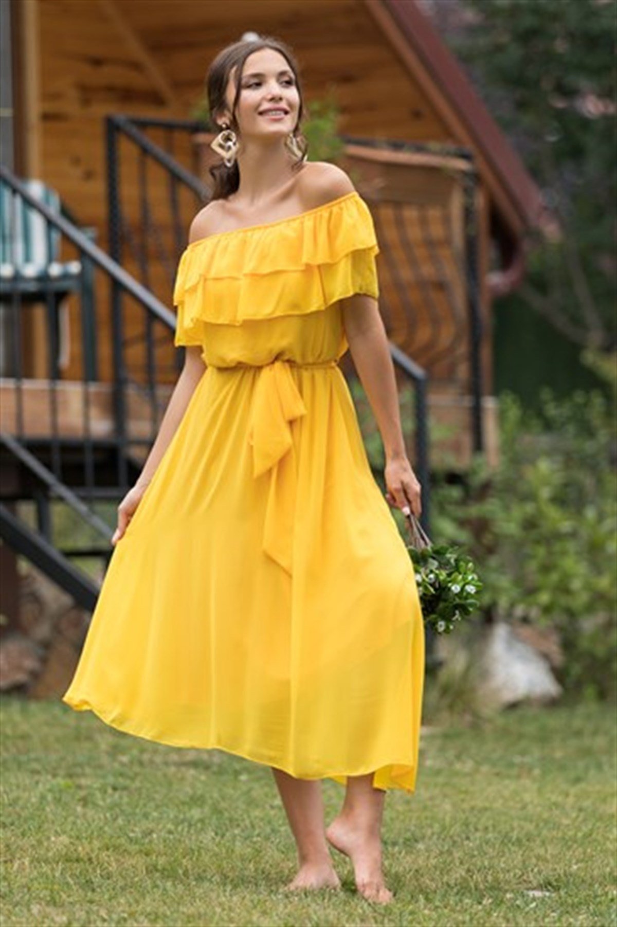 YAKA FIRFIR KUŞAKLI ŞİFON ELBİSE-SARI