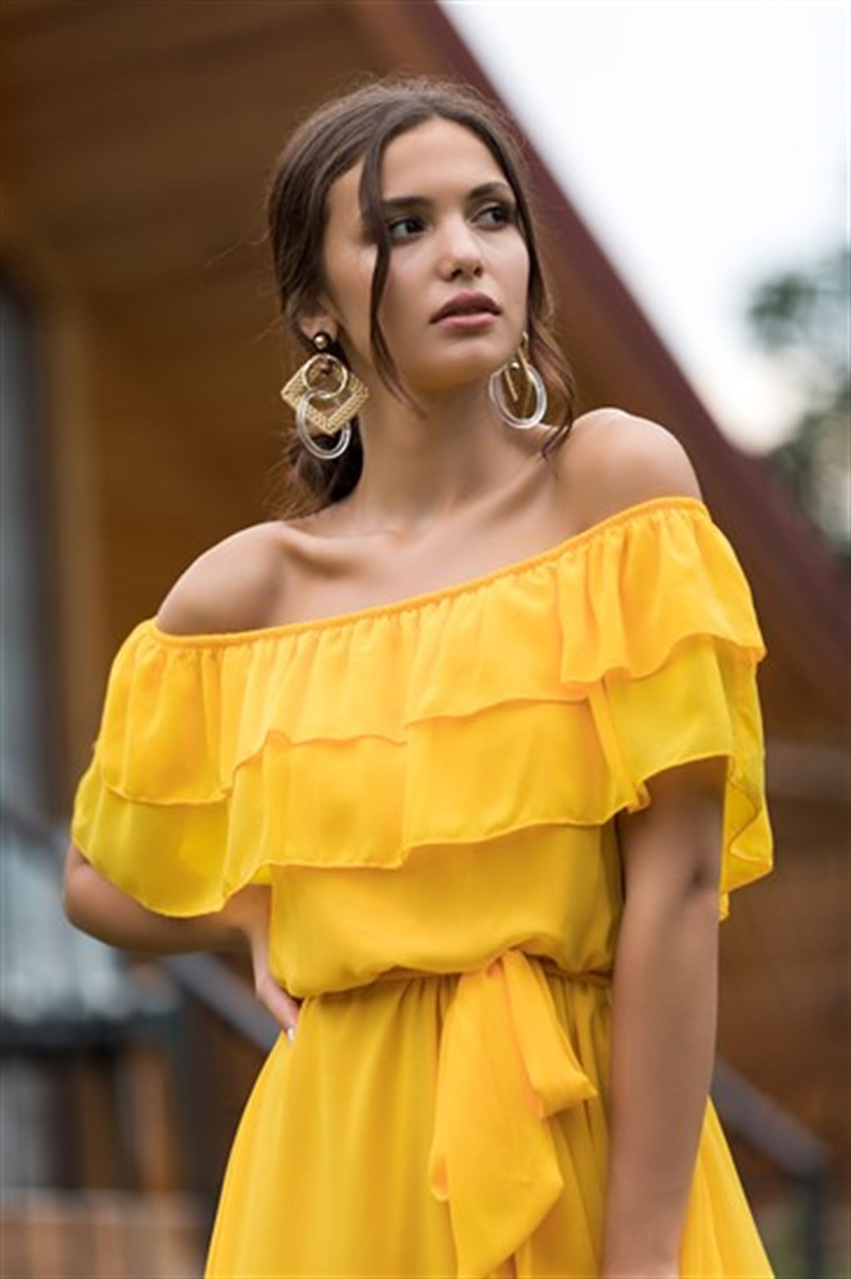 YAKA FIRFIR KUŞAKLI ŞİFON ELBİSE-SARI