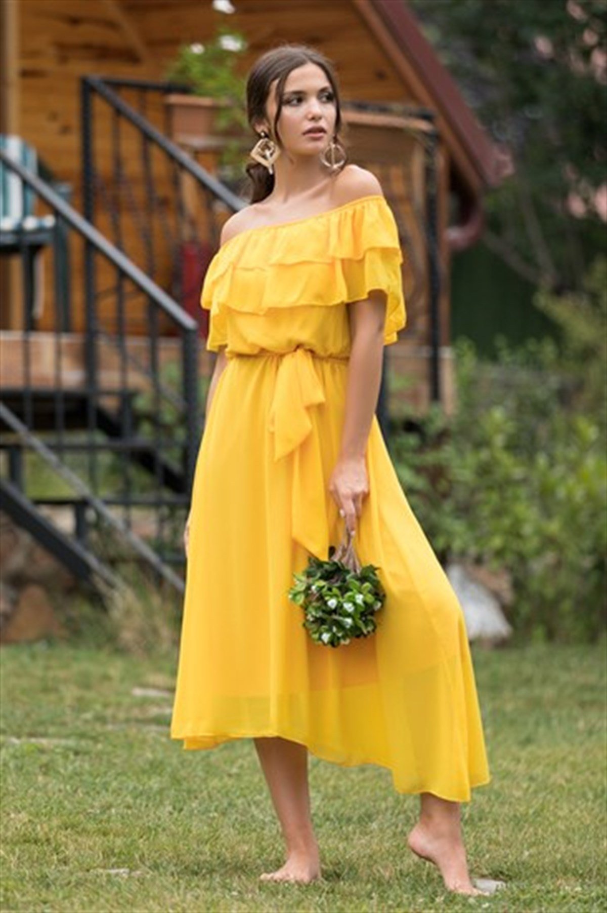 YAKA FIRFIR KUŞAKLI ŞİFON ELBİSE-SARI