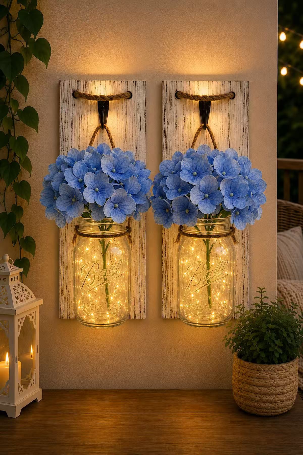 Led Işıklı Beyaz Ahşap Aplik Mavi Ortanca Çiçekli 2´li Set