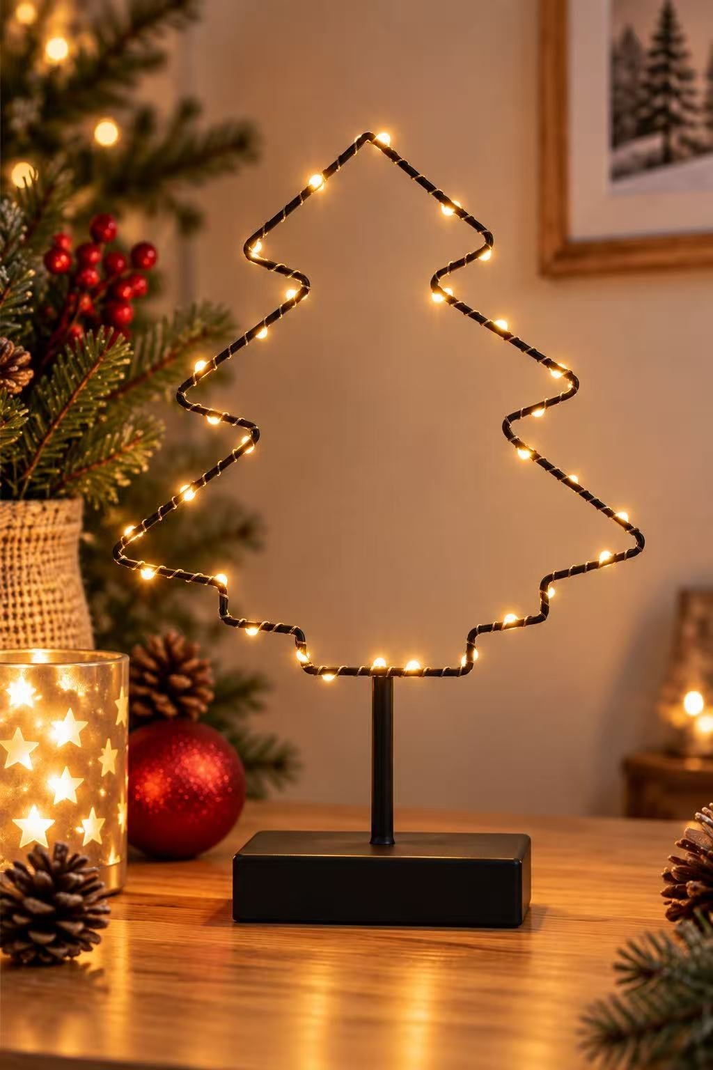 Siyah Metal Çam Ağacı Ledli Dekor