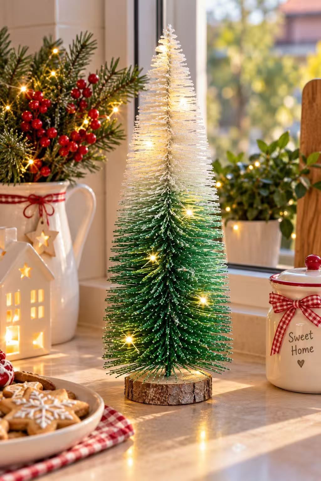 Yeşil Beyaz Çam Ağacı Led Işıklı Dekor