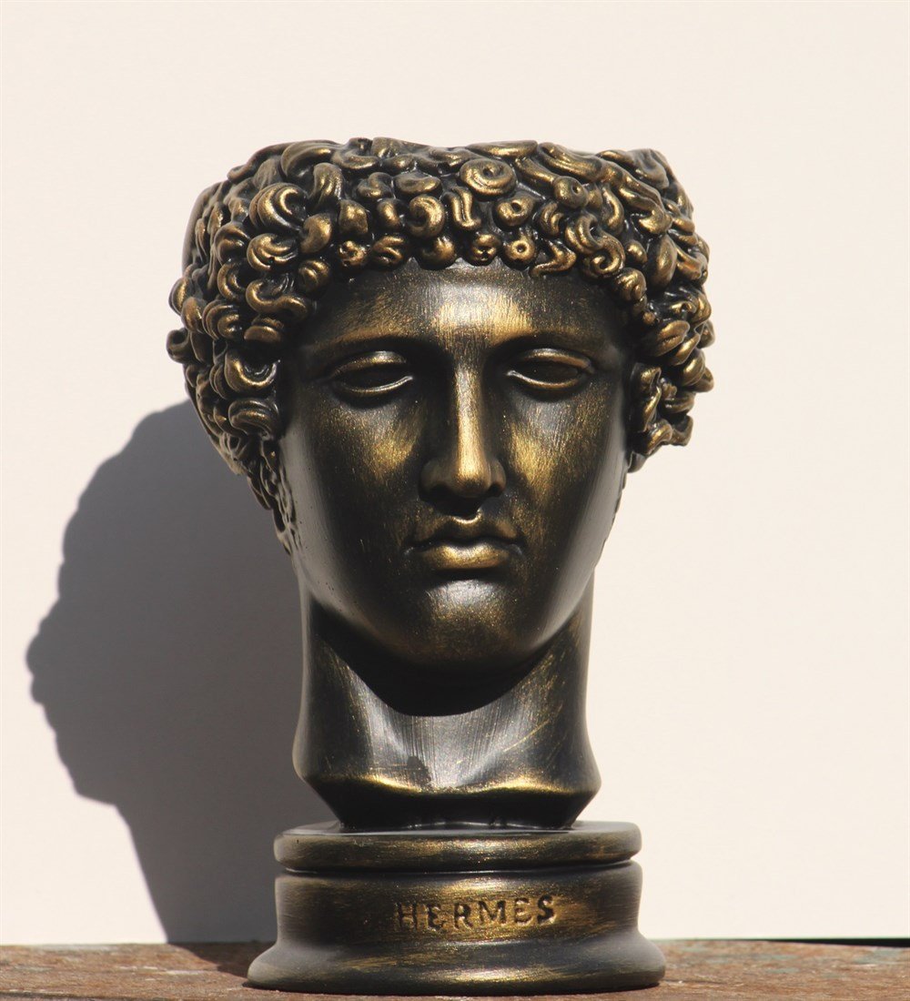 Antik Hermes Kafası Beton El Yapımı Büst Saksı Siyah-Gold Eskitme Boyalı