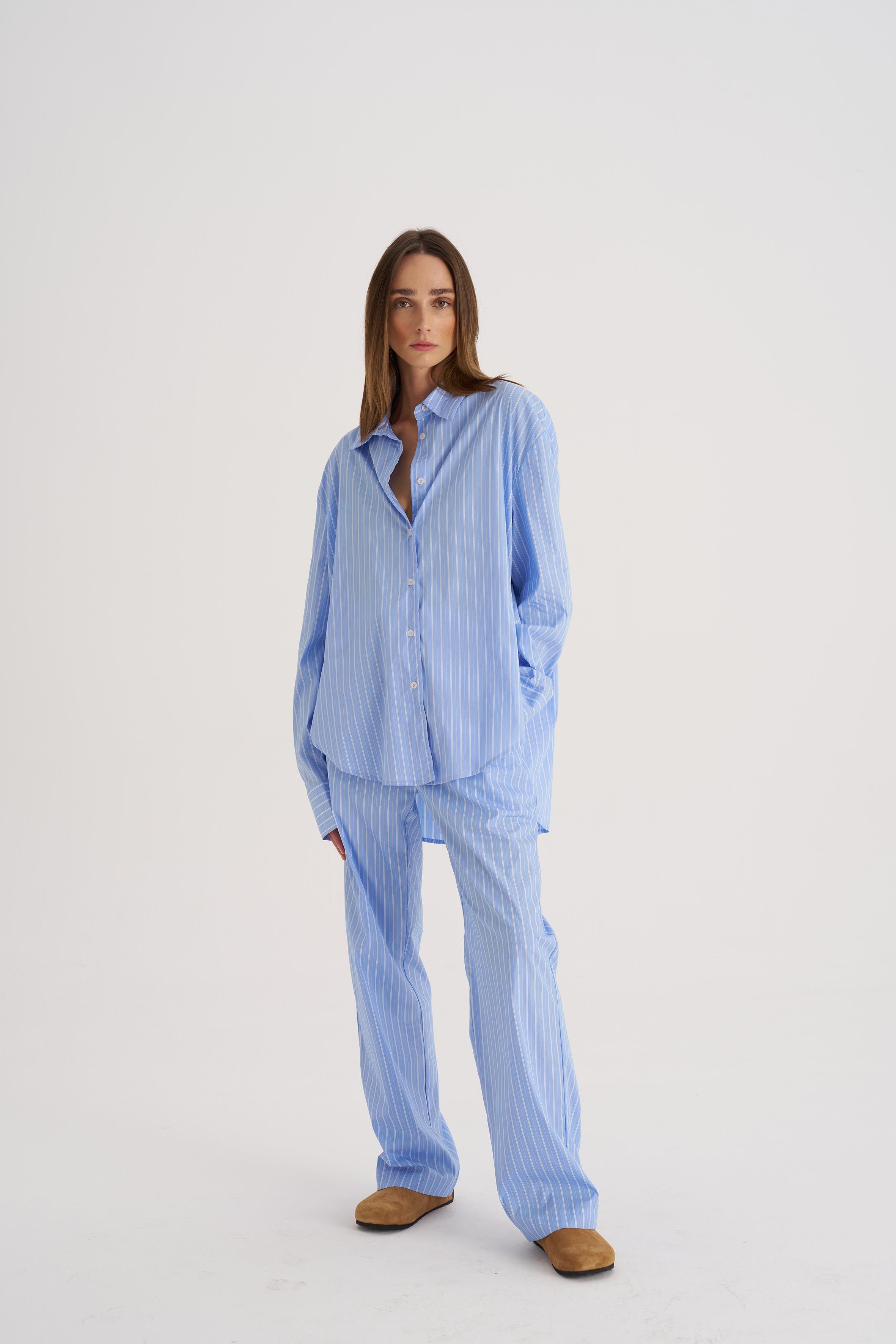 Açık Mavi Karışık Çizgili Pj Koton Pantolon