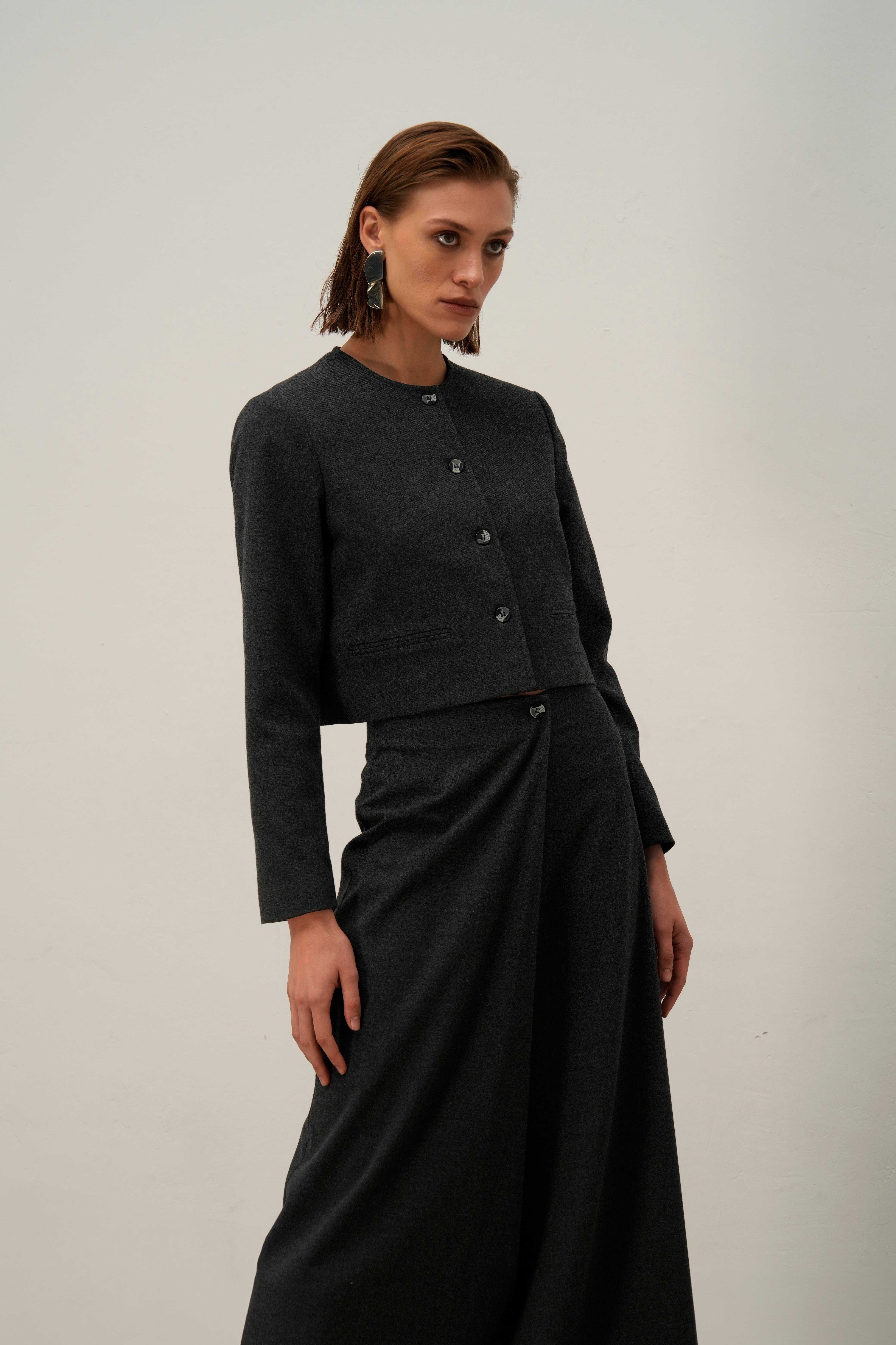 Antrasit Pile Detaylı Yünlü Midi Etek