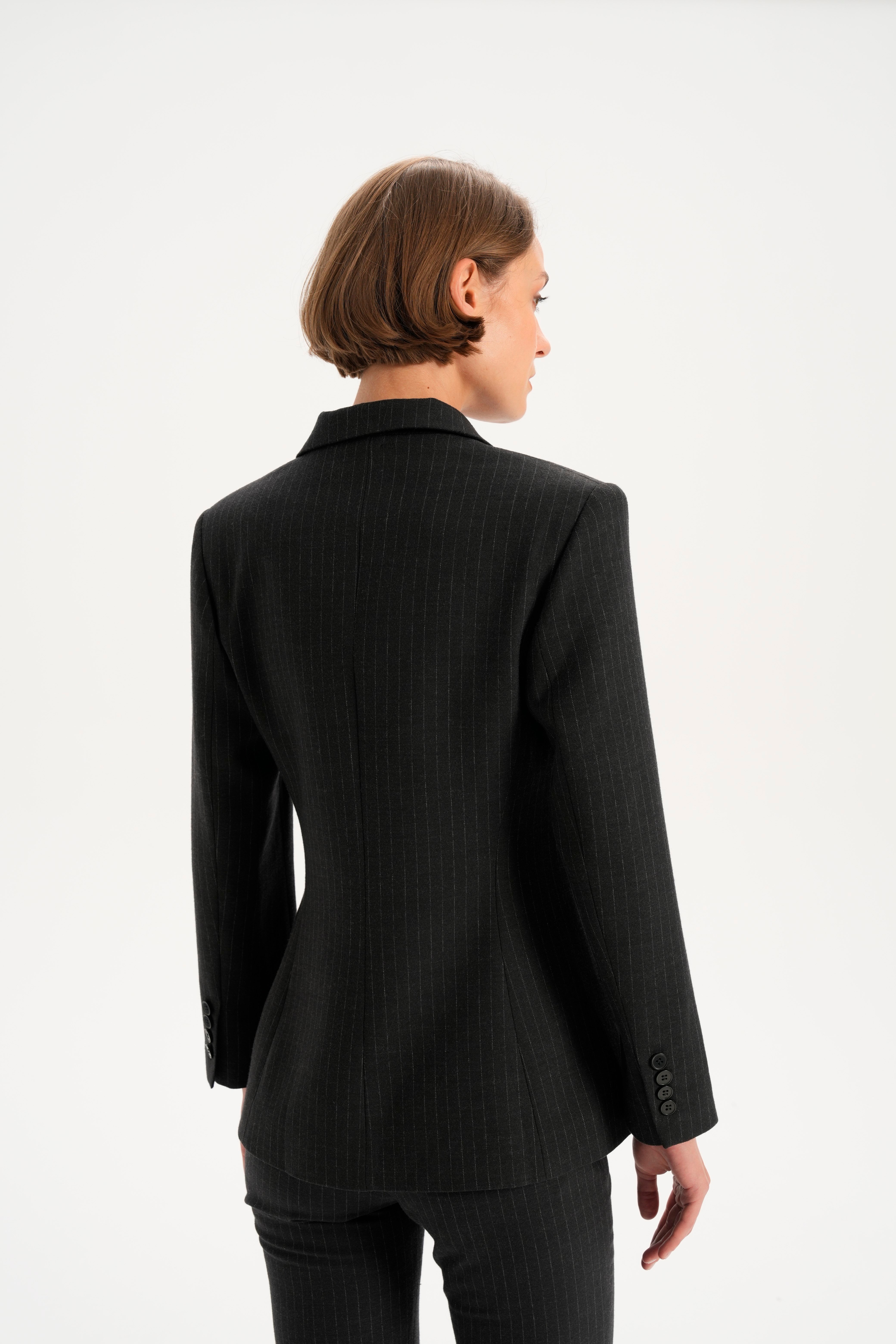 Antrasit Pinstripe Düğmeli Ceket