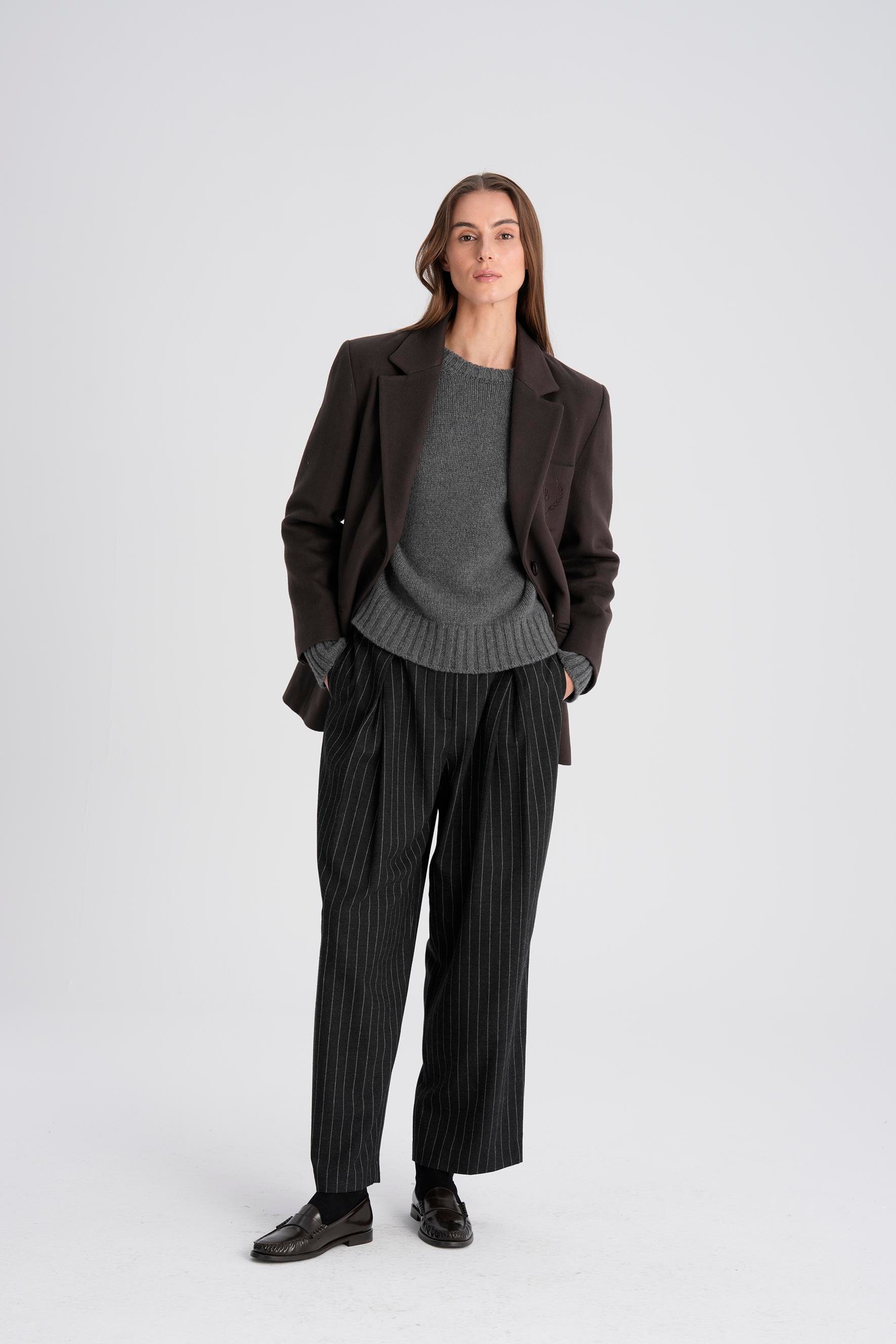 Antrasit Pinstripe Pileli Yünlü Pantolon